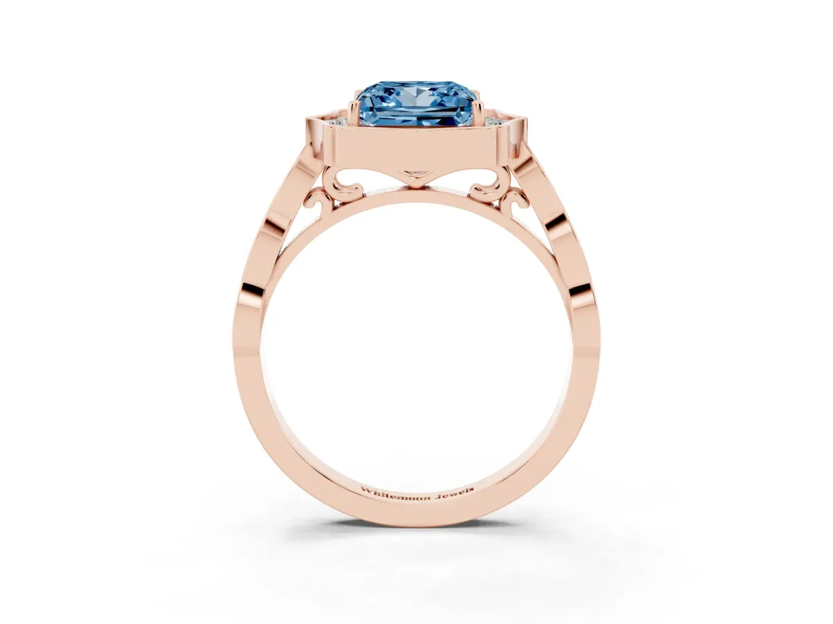Fancy Blue Princess Cut Halo Diamond Engagement Ring with Milgrain Band and Four-Prong Setting Rose gold