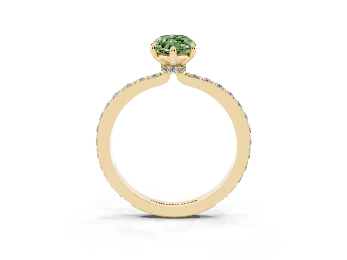 Fancy Green Marquise Cut Diamond Pavé Engagement Ring with Round Accents and Prong Setting Yellow gold