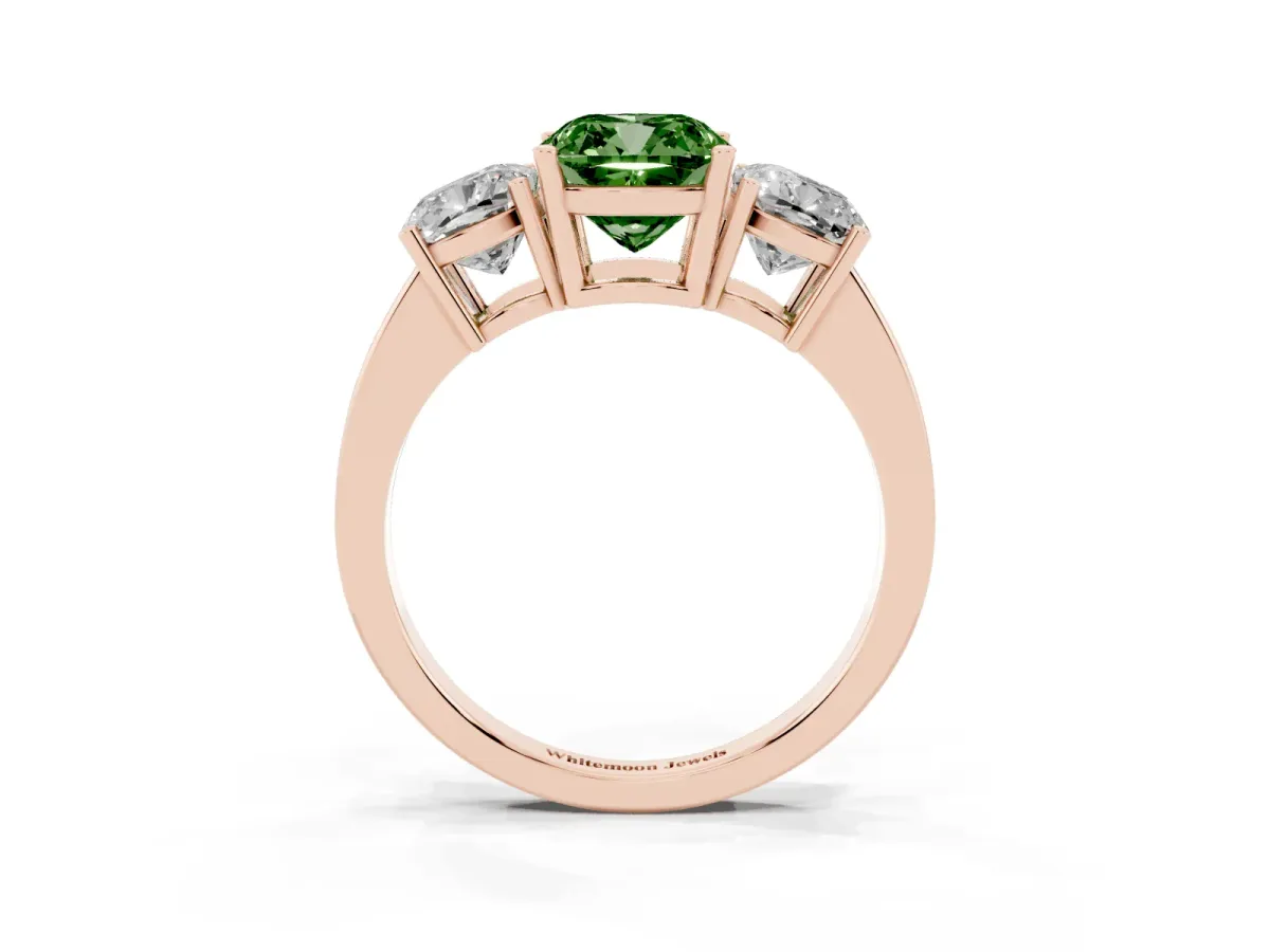 Fancy Green Three-Stone Cushion Cut Cut Diamond Engagement Ring with Flat Band and Four-Prong Setting Rose gold