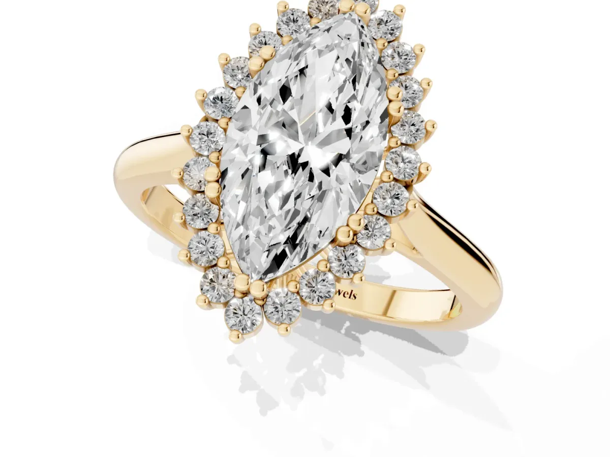 Marquise Cut Cut Diamond Halo Ring with Solitaire Band and Prong Setting Yellow gold