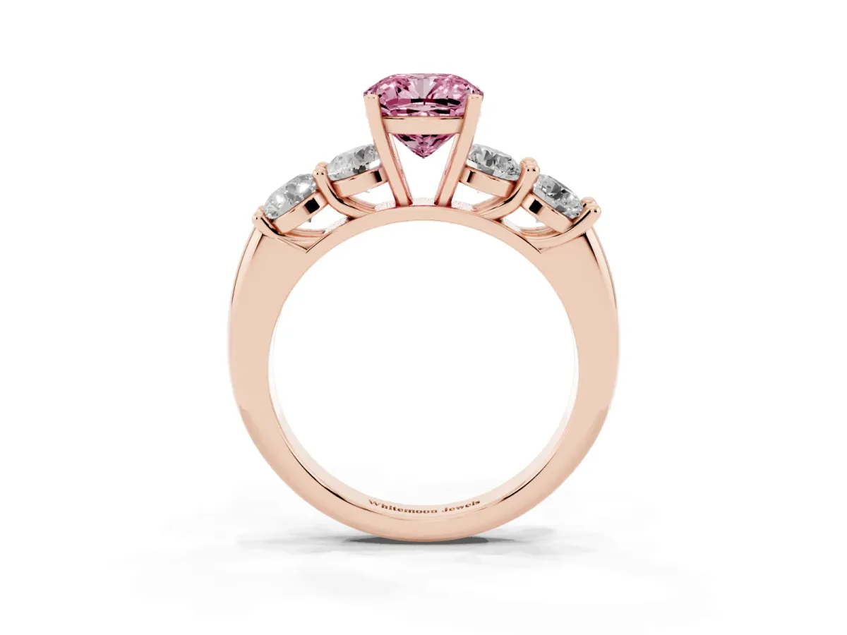 Fancy Pink Cushion Cut Cut Five-Stone Prong Set Diamond Ring with Classic Band Rose gold