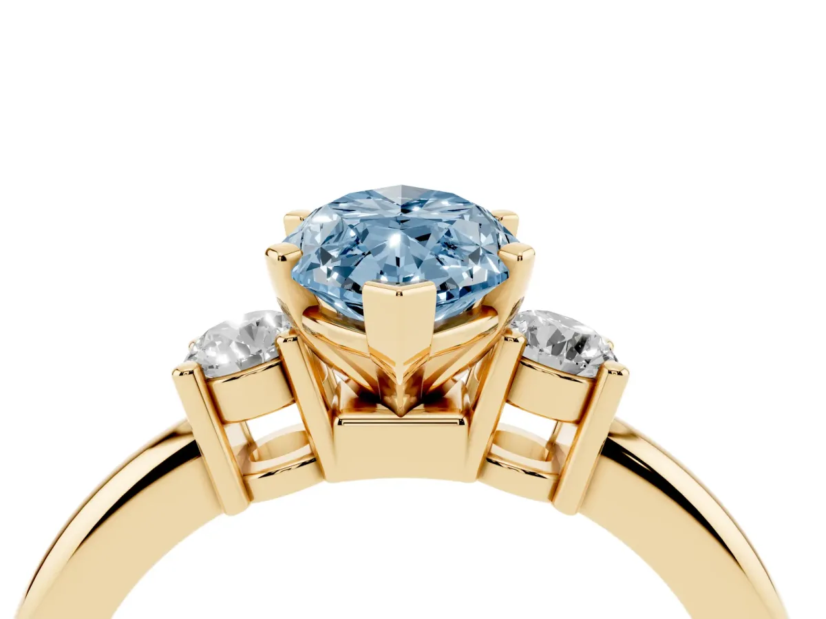 Fancy Blue Three-Stone Marquise Cut Cut Diamond Solitaire with Prong Setting and Classic Band Yellow gold