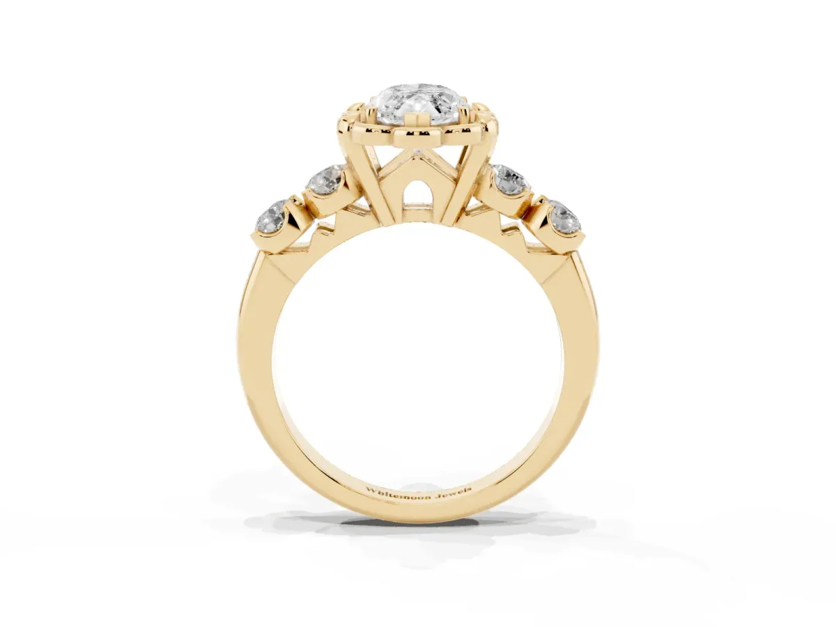 Marquise Cut Cut Diamond Floral Halo Engagement Ring with Shared Prong Setting Yellow gold