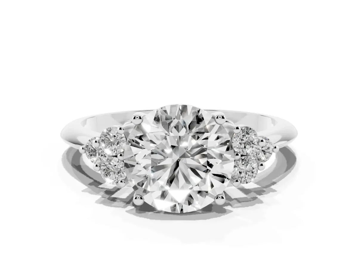 Round Cut Cut Diamond Cluster Ring with Solitaire Band and Four-Prong Setting Silver