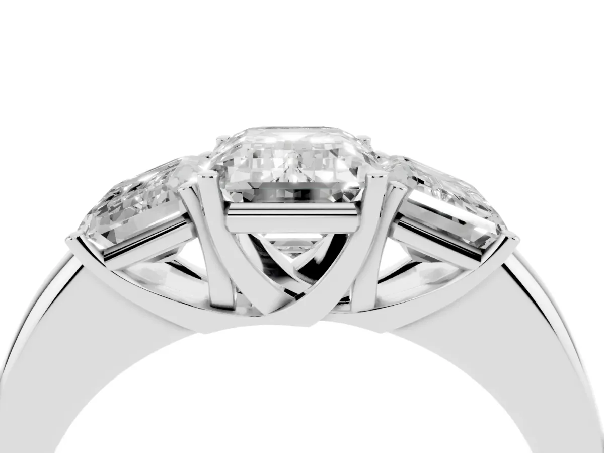 Emerald Cut Diamond Three-Stone Ring with Four-Prong Setting and Classic Band Platinum