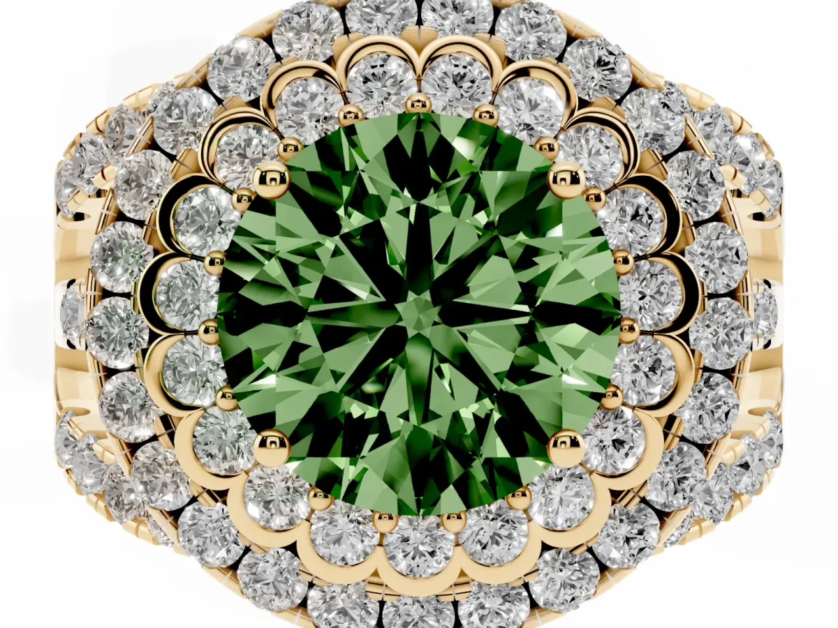 Fancy Green Round Cut Diamond Double Halo Ring with Round Pavé Split Shank and Prong Setting Yellow gold