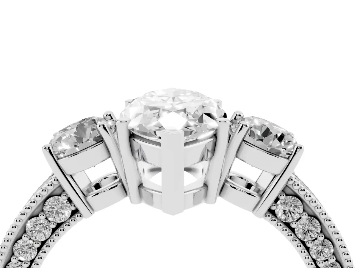 Marquise Cut Three-Stone Diamond Ring with Pavé Band and Four-Prong Setting Silver