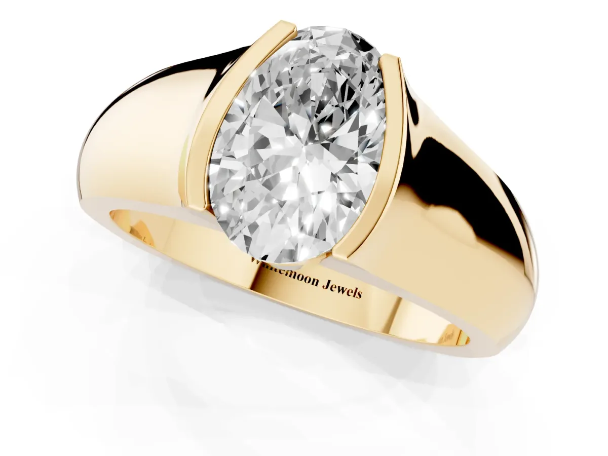 Oval Cut Solitaire Bezel Set Diamond Ring with Wide Band Yellow gold
