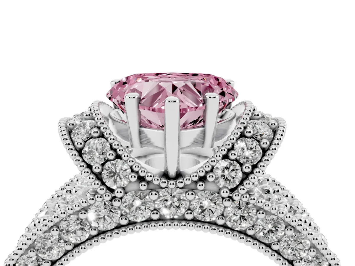 Fancy Pink Heart Cut Halo Pave Diamond Engagement Ring with Milgrain Detailing Silver