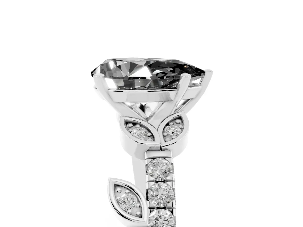 Fancy Black Pear Cut Solitaire Leaf-Inspired Diamond Ring with Pavé Band and Four-Prong Setting Silver