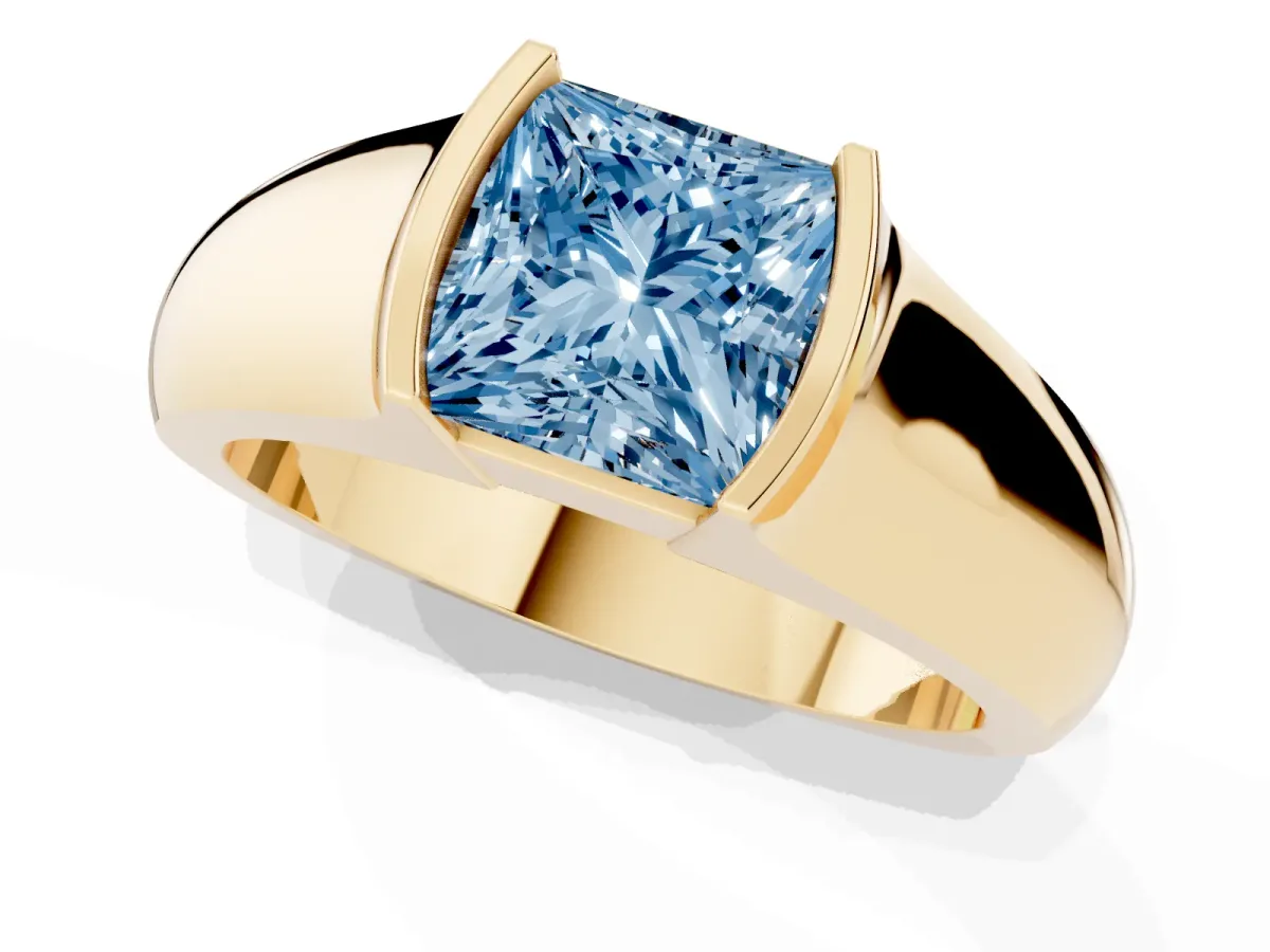 Fancy Blue Princess Cut Solitaire Bezel Set Diamond Ring with Wide Band Yellow gold