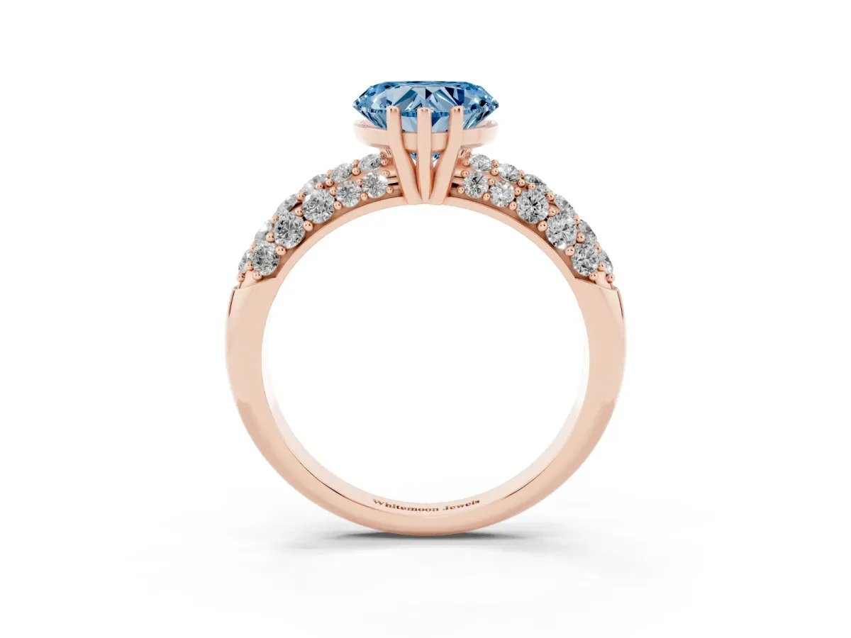 Fancy Blue Heart Cut Diamond Pavé Band Solitaire Ring with Four-Prong Setting Rose gold