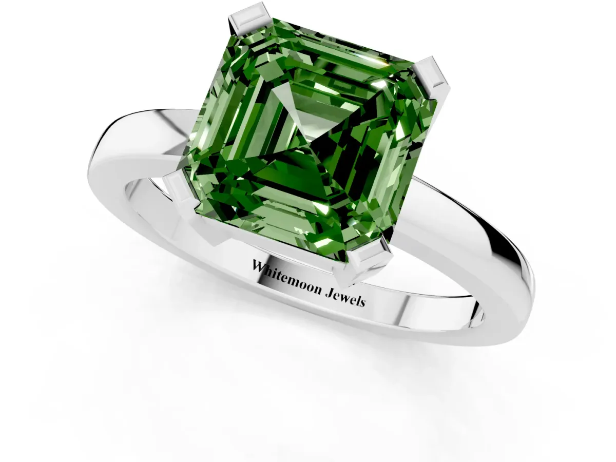 Fancy Green Asscher Cut Cut Solitaire Ring with Four-Prong Setting and Classic Band Silver