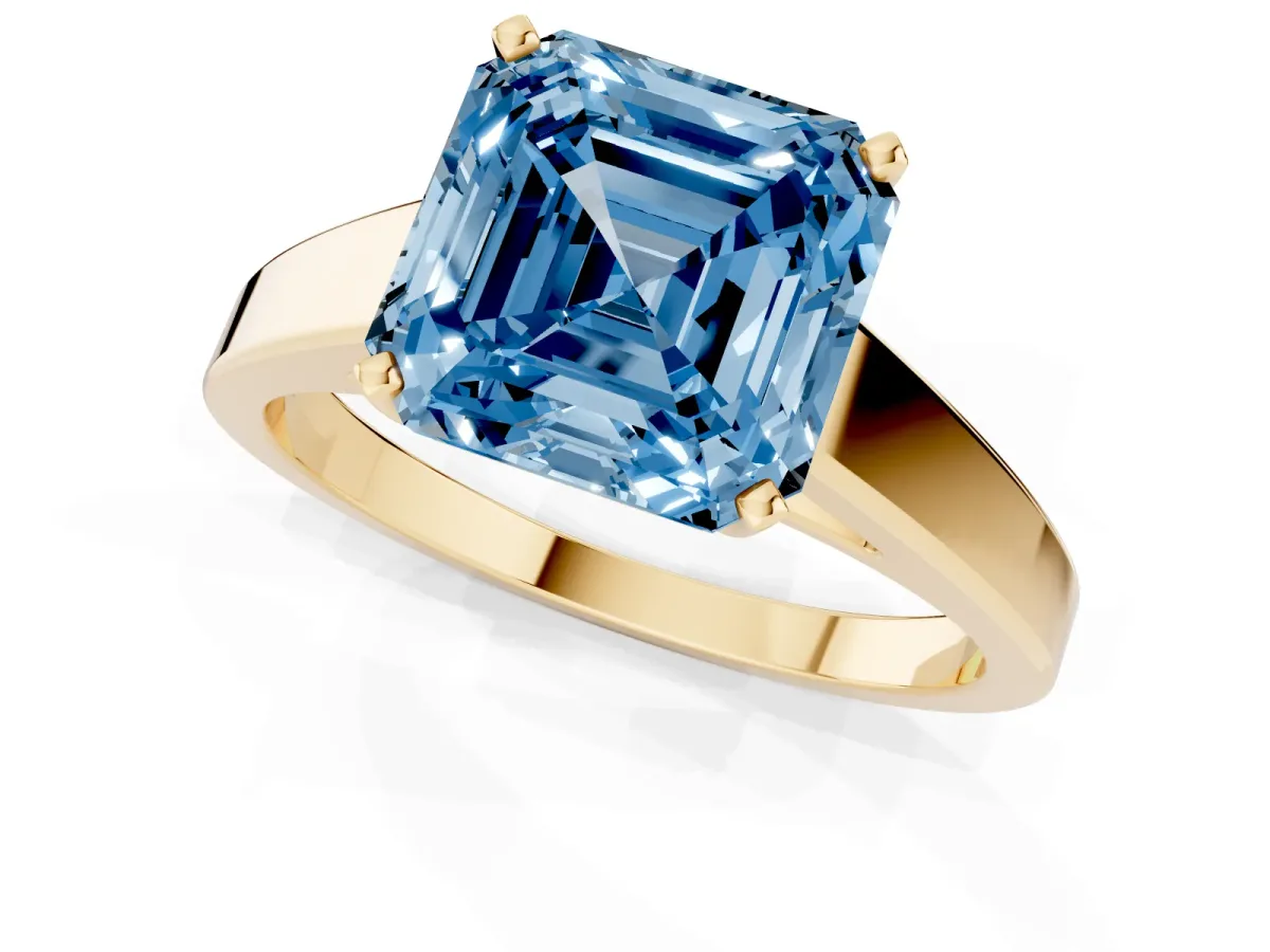 Fancy Blue Asscher Cut Solitaire Engagement Ring with Four-Prong Setting and Tapered Band Yellow gold