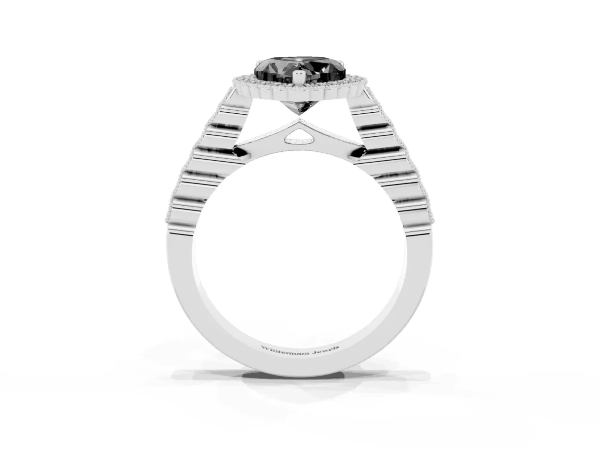 Fancy Black Heart Cut Cut Halo Pavé Solitaire Ring with Milgrain Band Platinum