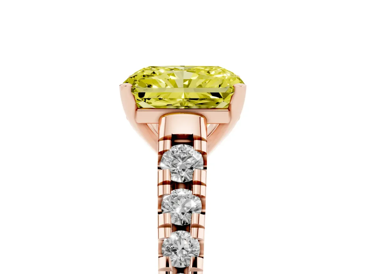 Fancy Yellow Radiant Cut Diamond Cathedral Solitaire Ring with Round Pavé Band Rose gold