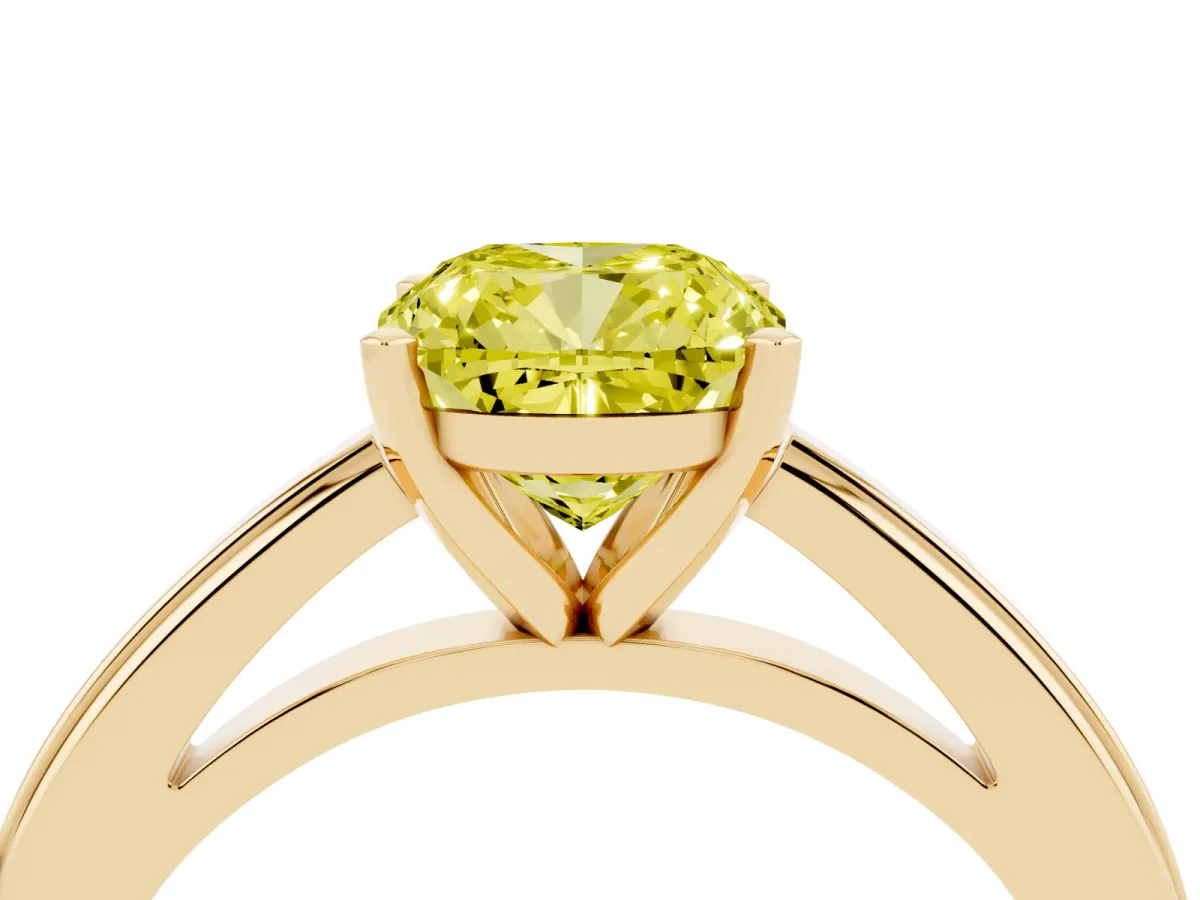 Fancy Yellow Cushion Cut Solitaire Diamond Ring with Four-Prong Setting and Classic Band Yellow gold