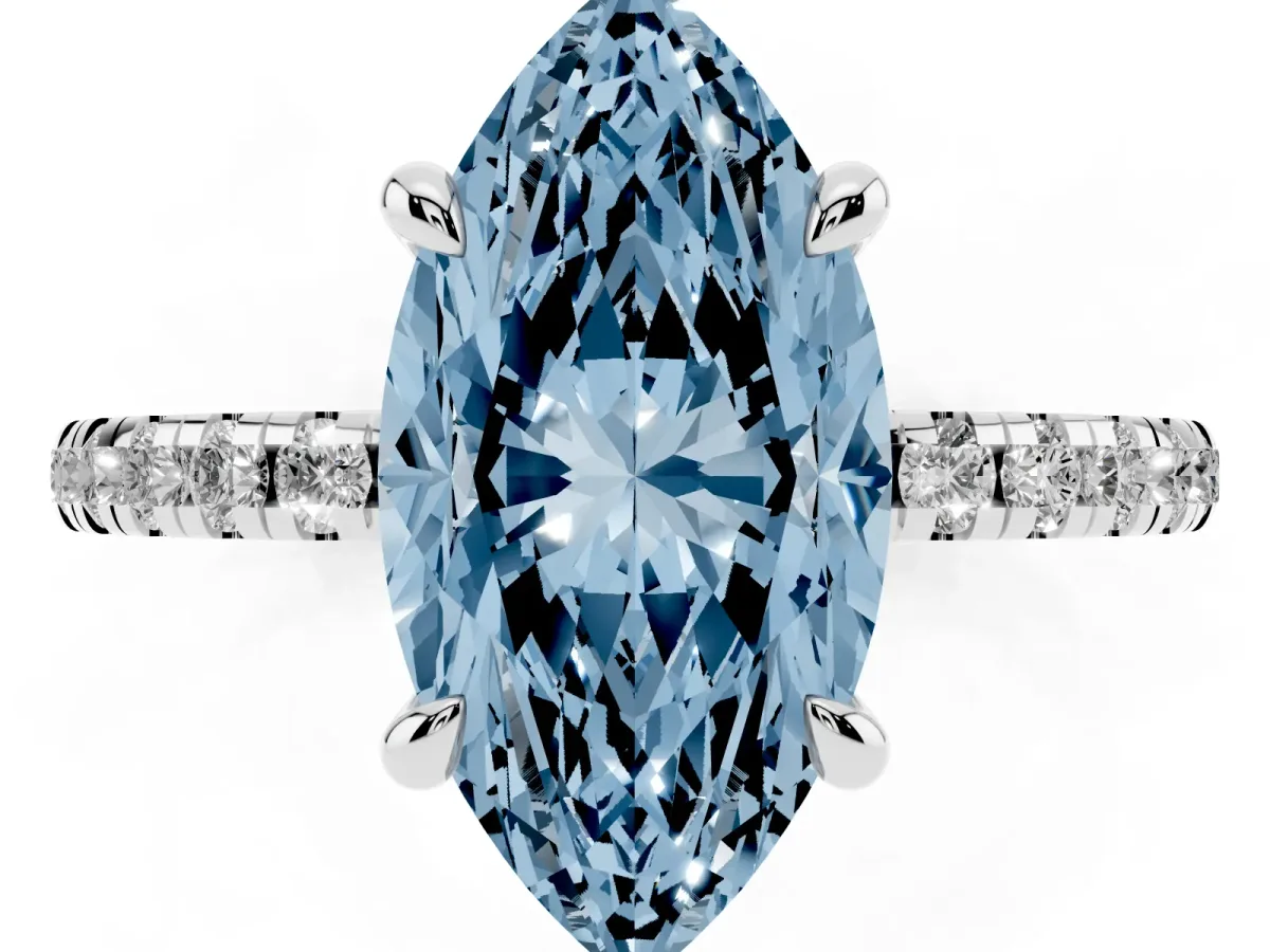 Fancy Blue Marquise Cut Diamond Brilliant Solitaire Ring with Pavé Band and Four-Prong Setting Silver