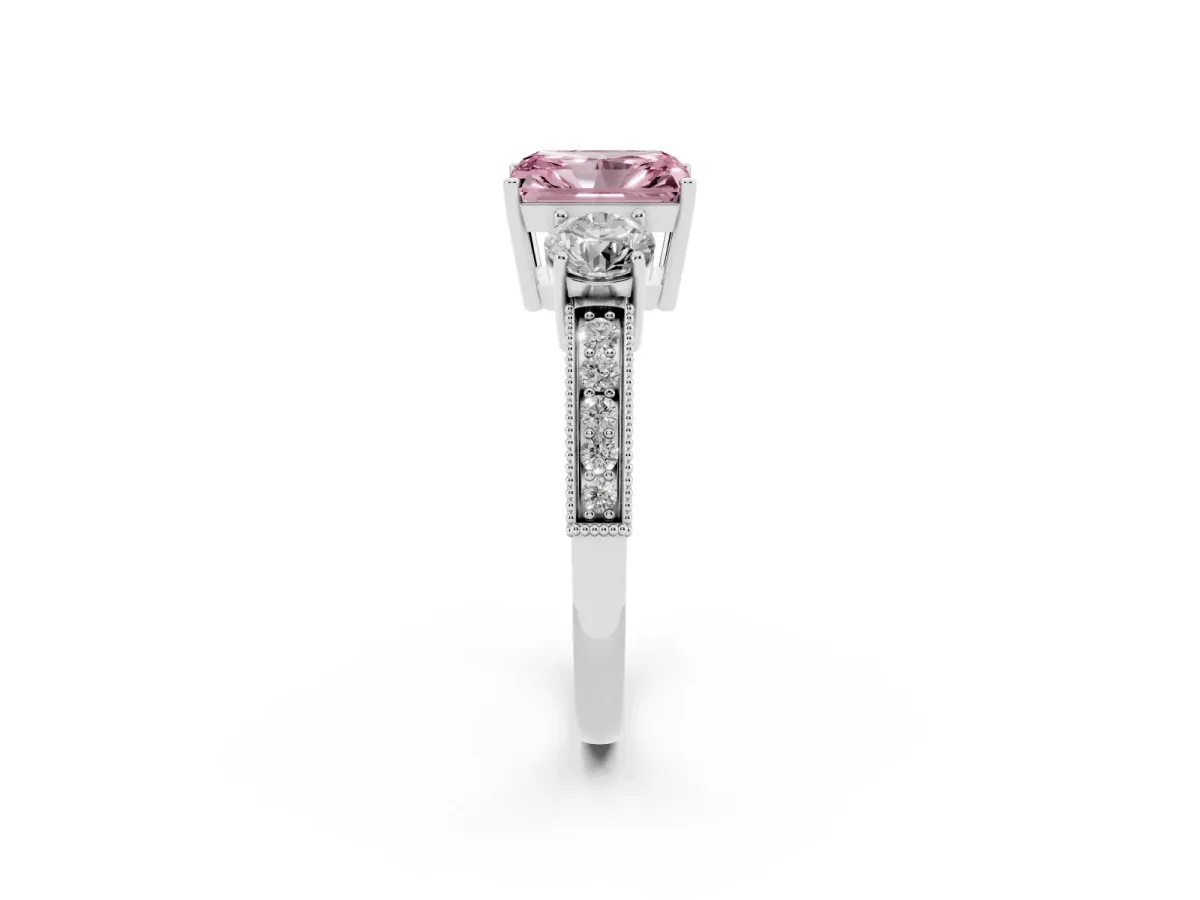 Fancy Pink Radiant Cut Three-Stone Diamond Ring with Pavé Band and Four-Prong Setting Silver