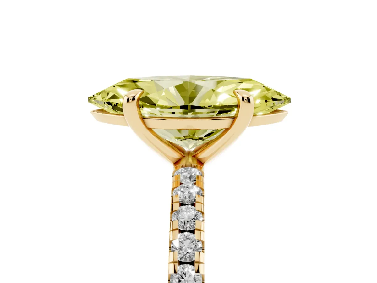 Fancy Yellow Marquise Cut Diamond Brilliant Solitaire Ring with Pavé Band and Four-Prong Setting Yellow gold