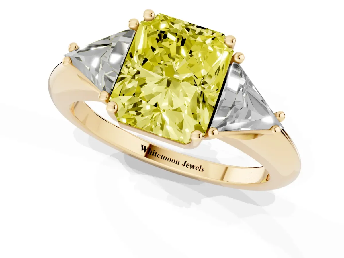 Fancy Yellow Three-Stone Radiant Cut Diamond Engagement Ring with Trillion Side Stones and Prong Setting Yellow gold