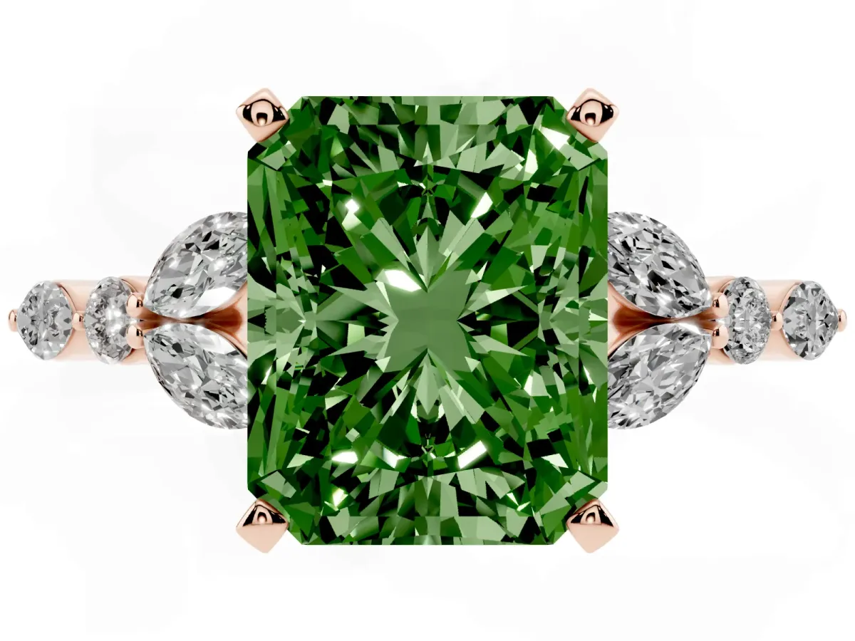 Fancy Green Radiant Cut Diamond Solitaire Ring with Side Stones and Four-Prong Setting Rose gold