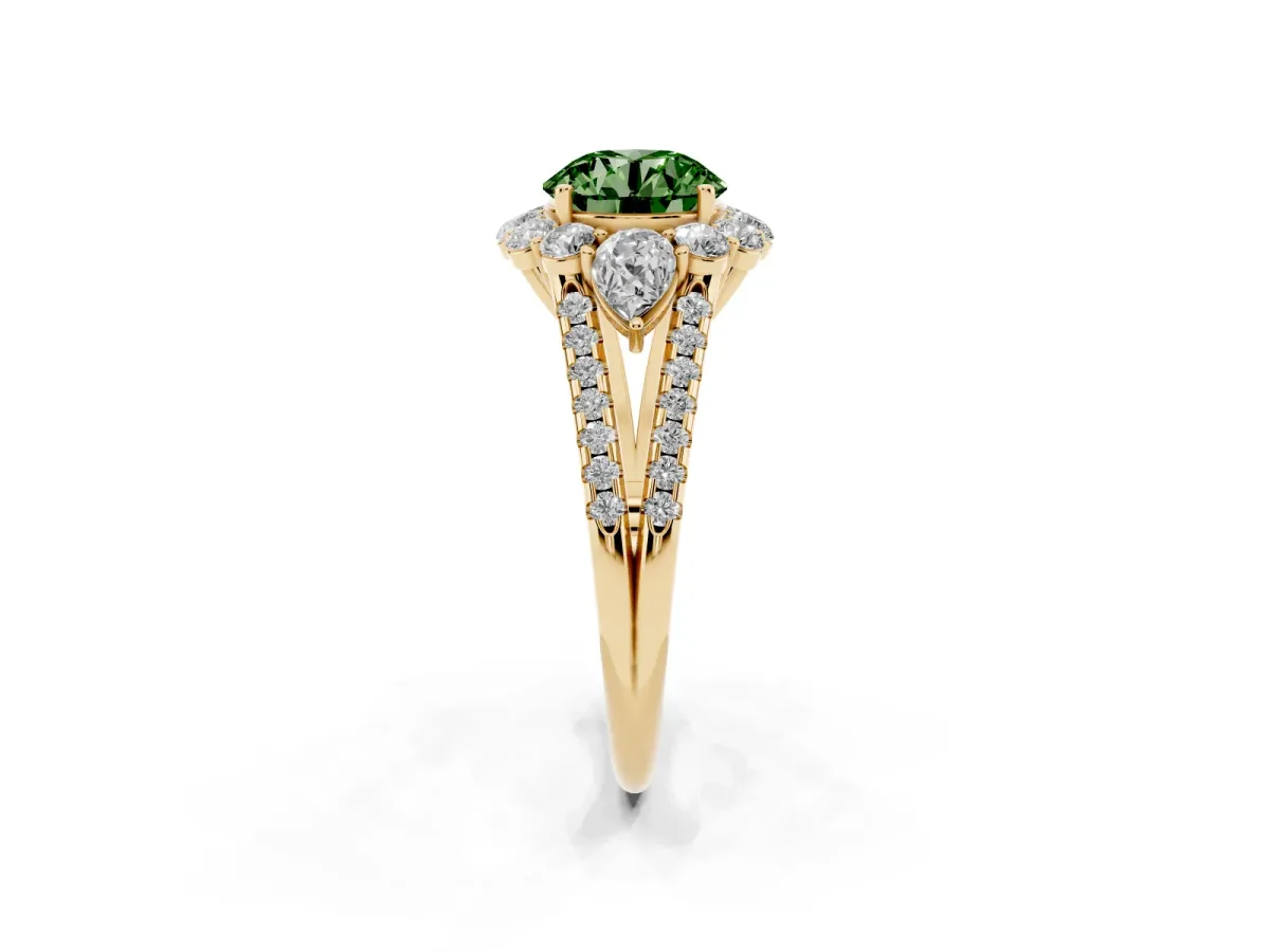 Fancy Green Round Cut Halo Split Shank Diamond Engagement Ring with Prong Setting Yellow gold