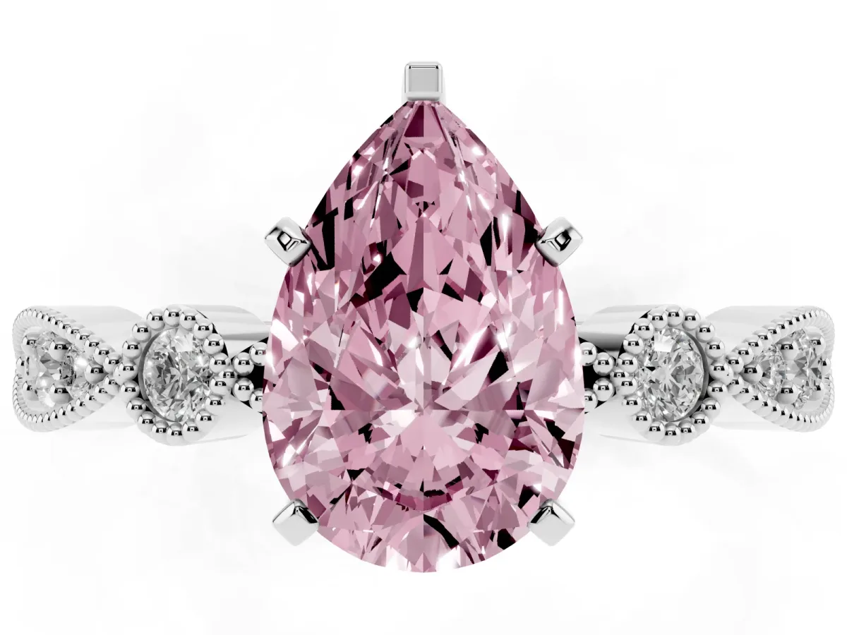Fancy Pink Pear Cut Milgrain Bezel Diamond Engagement Ring with Solitaire Prong Setting Silver