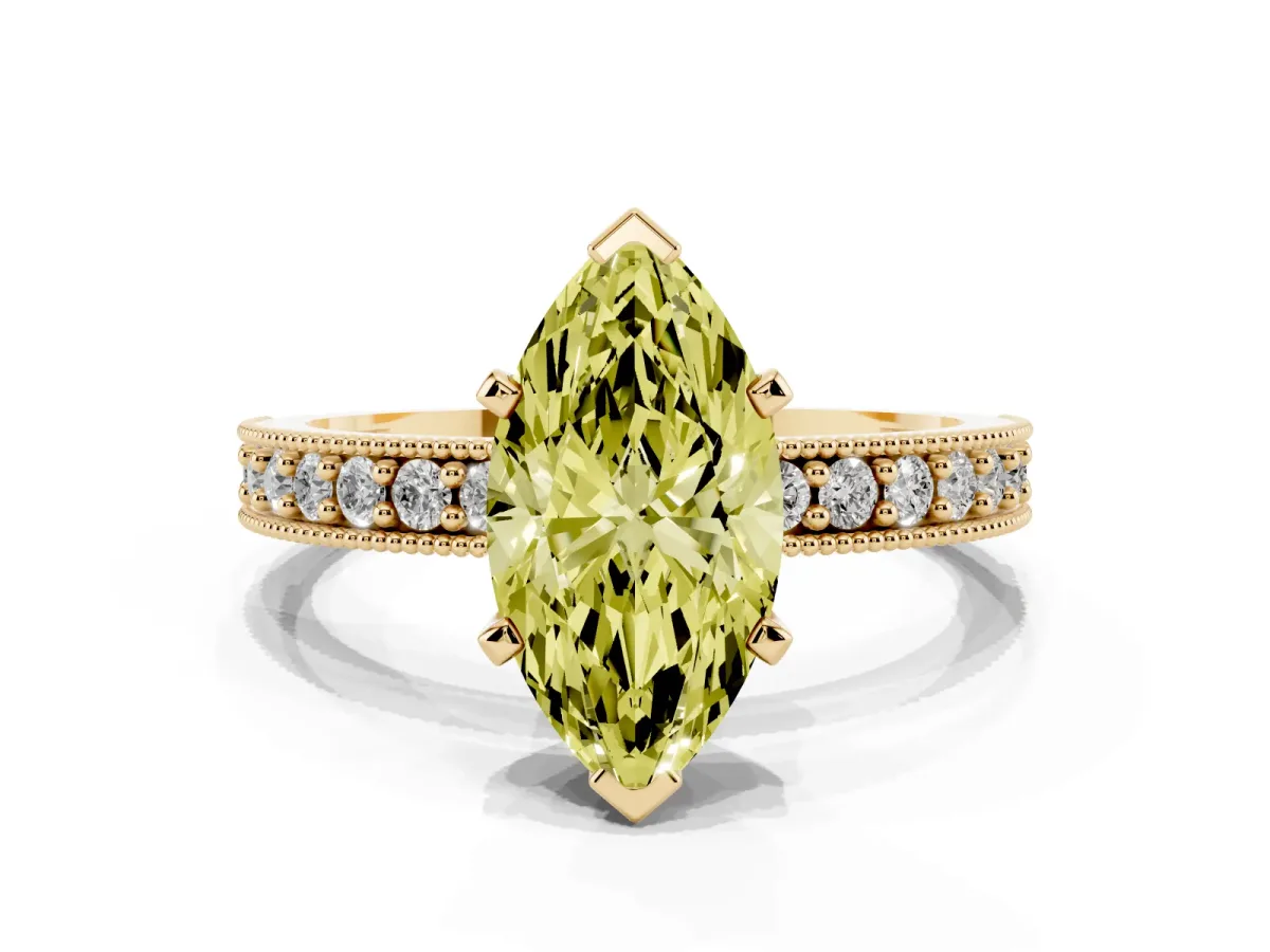 Fancy Yellow Marquise Cut Diamond Milgrain Pavé Engagement Ring with Four-Prong Setting Yellow gold