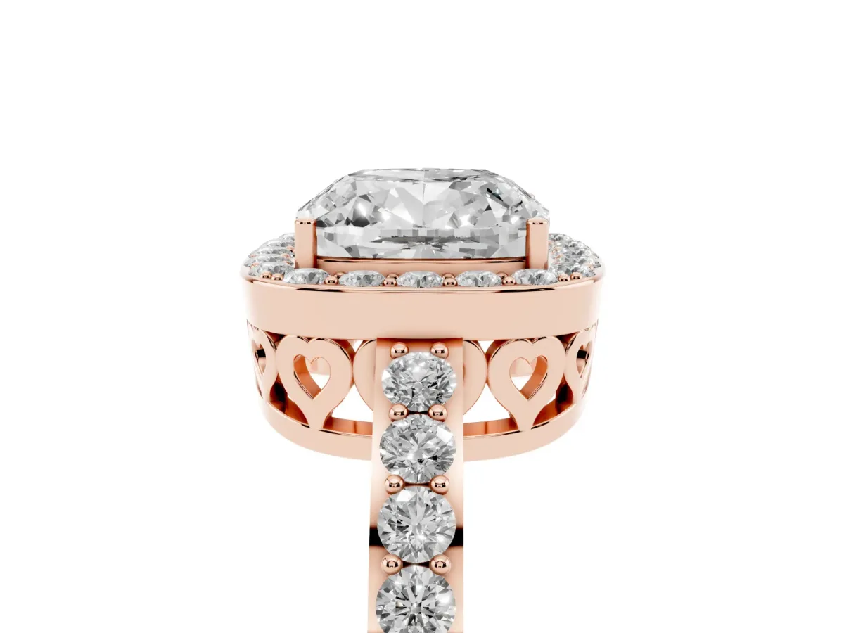 Cushion Cut Halo Diamond Pavé Band Ring with Prong Setting Rose gold