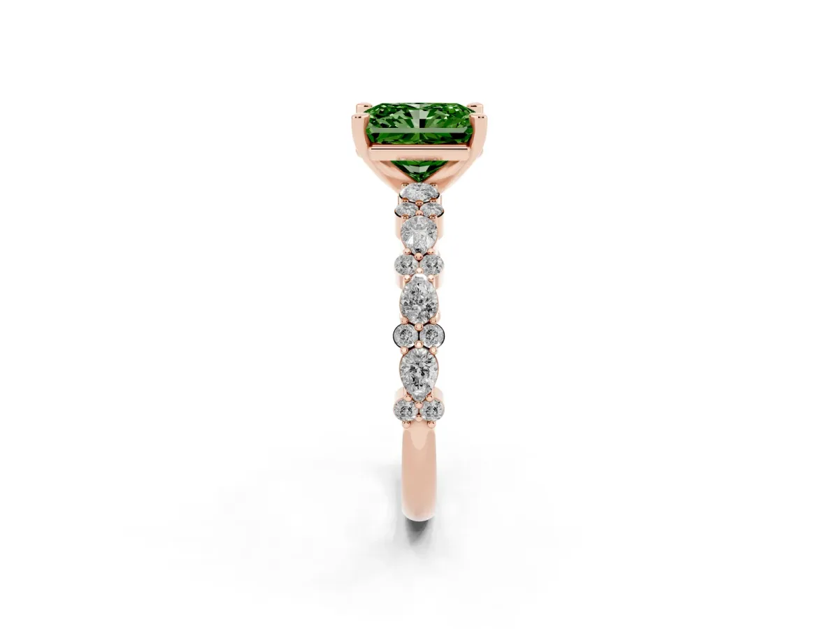 Fancy Green Radiant Cut Diamond Side Stone Solitaire Ring with Round and Four-Prong Setting Rose gold