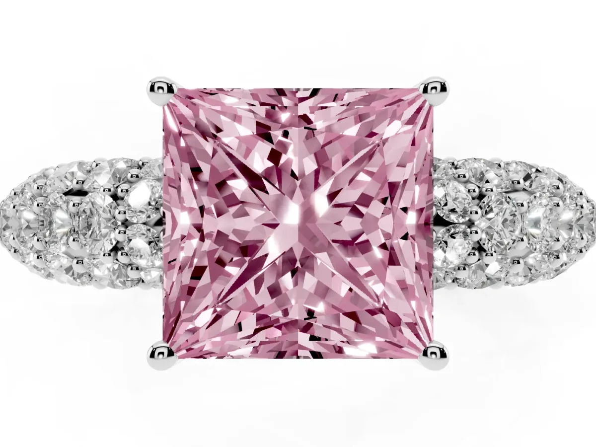 Fancy Pink Princess Cut Diamond Pavé Band Solitaire Ring with Four-Prong Setting Silver