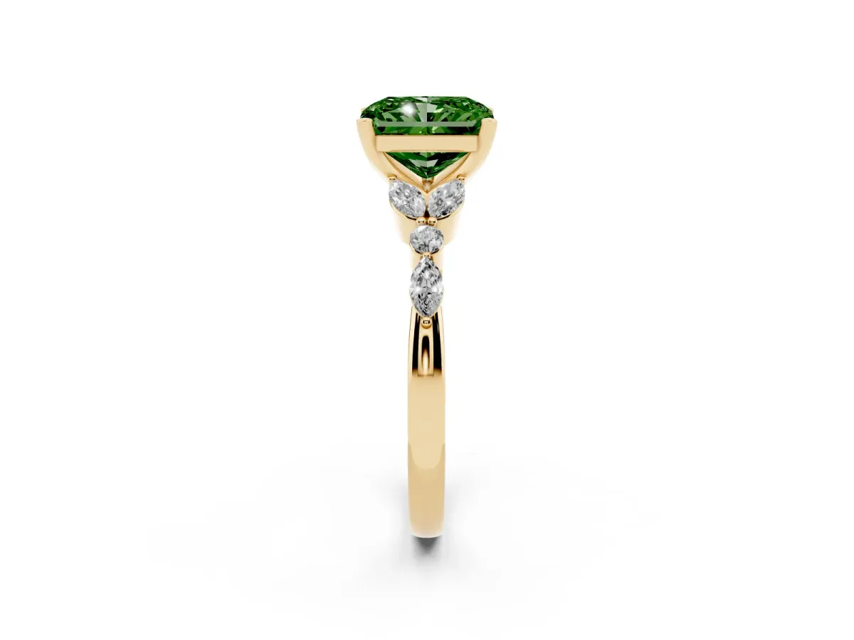 Fancy Green Radiant Cut Diamond Solitaire Ring with Side Stones and Four-Prong Setting Yellow gold