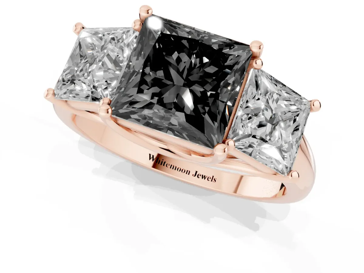 Fancy Black Three-Stone Princess Cut Diamond Engagement Ring with Prong Setting Rose gold