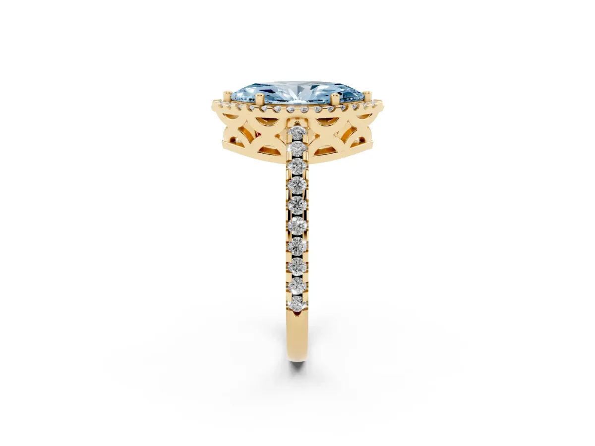 Fancy Blue Marquise Cut Diamond Halo Engagement Ring with Pavé Band and Prong Setting Yellow gold