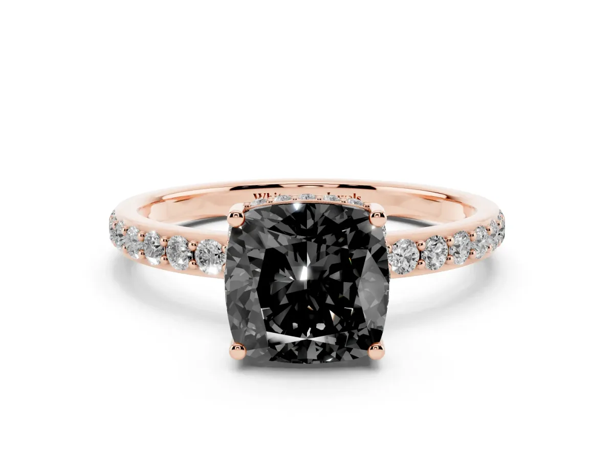 Fancy Black Cushion Cut Diamond Solitaire Ring with Pavé Band and Hidden Halo Rose gold