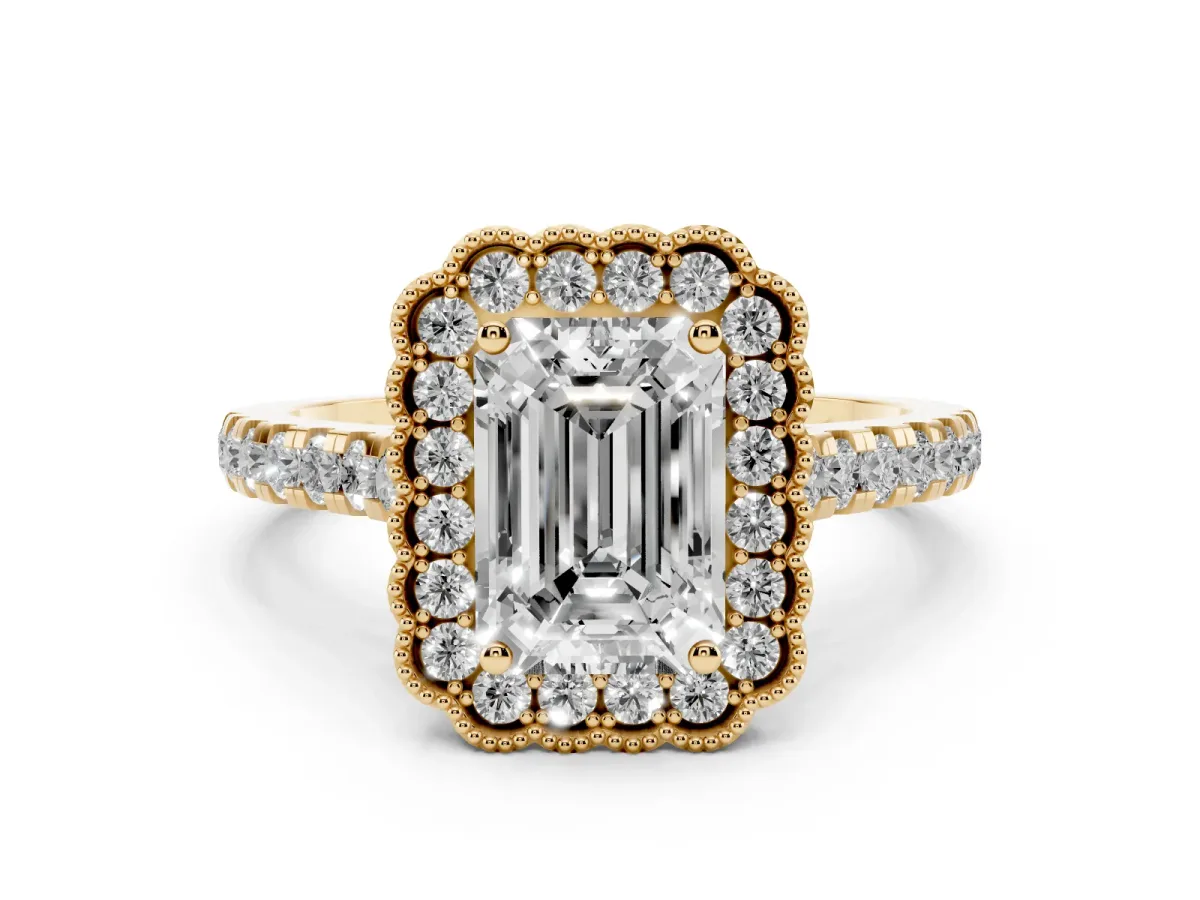 Emerald Cut Cut Diamond Milgrain Floral Halo Engagement Ring with Pavé Band Yellow gold