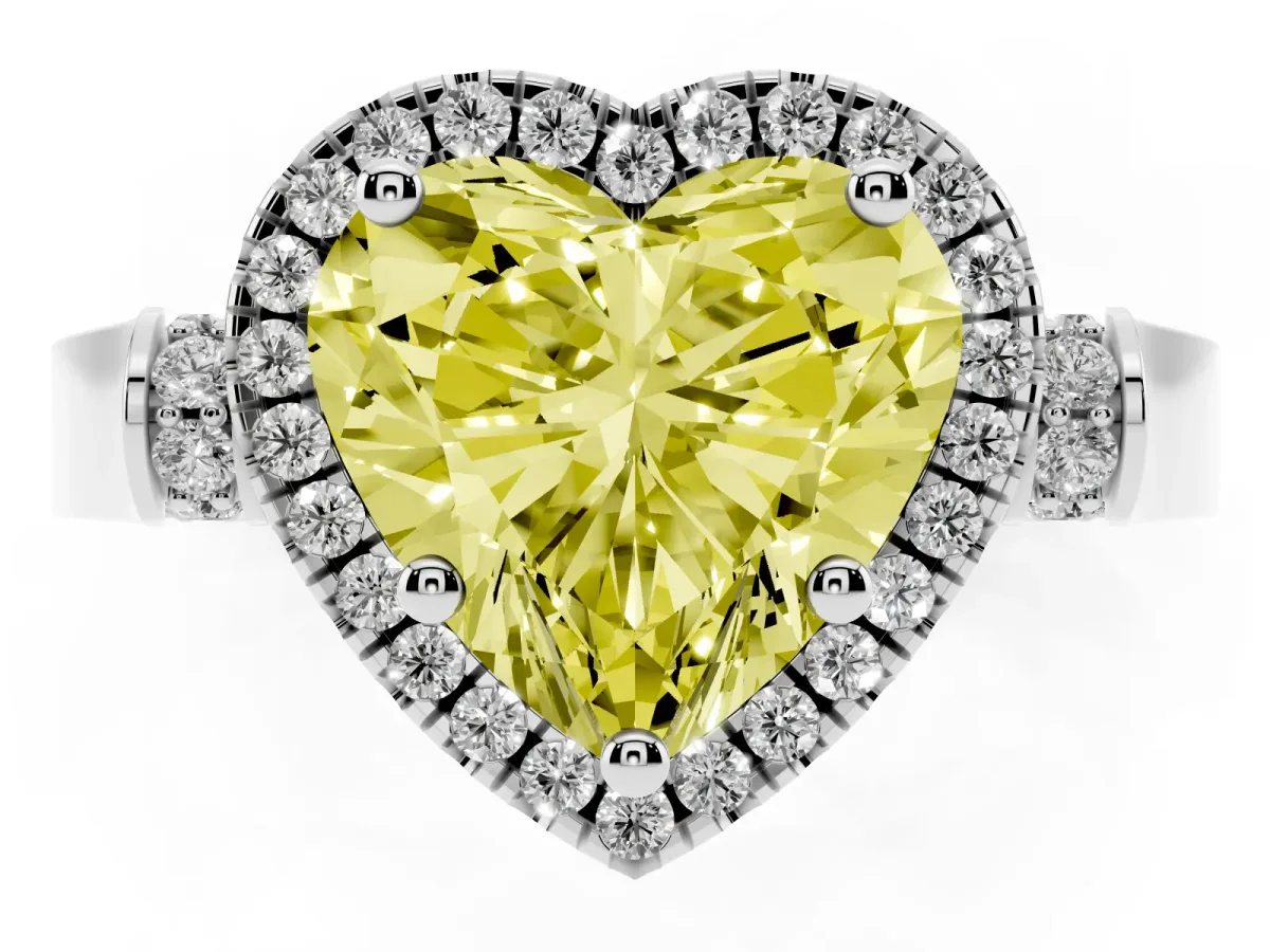 Fancy Yellow Heart Cut Halo Round Diamond Twist Band with Four-Prong Setting Platinum