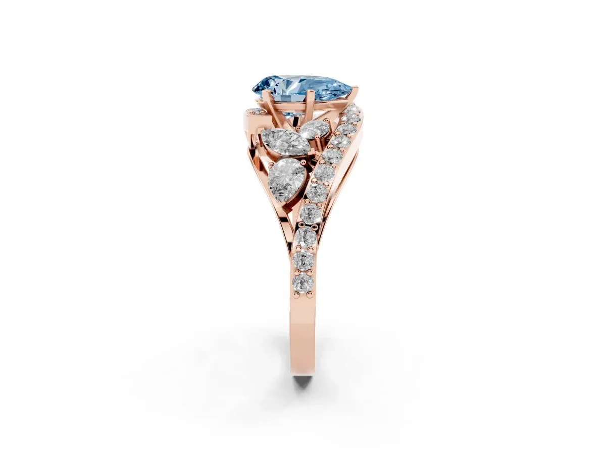 Fancy Blue Pear Cut Diamond Halo Ring with Marquise and Pavé Band in Prong Setting Rose gold