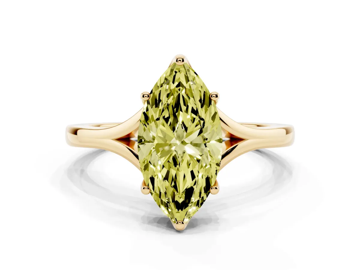 Fancy Yellow Marquise Cut Solitaire Diamond Ring with Six-Prong Setting and Tapered Band Yellow gold