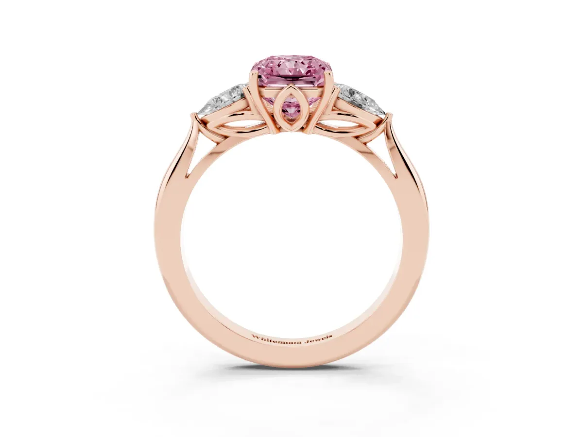 Fancy Pink Radiant Cut Diamond Three-Stone Ring with Pear Side Stones and Prong Setting Rose gold