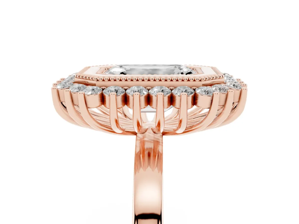 Emerald Cut Halo Diamond Ring with Milgrain Edge and Round Prong Setting Rose gold