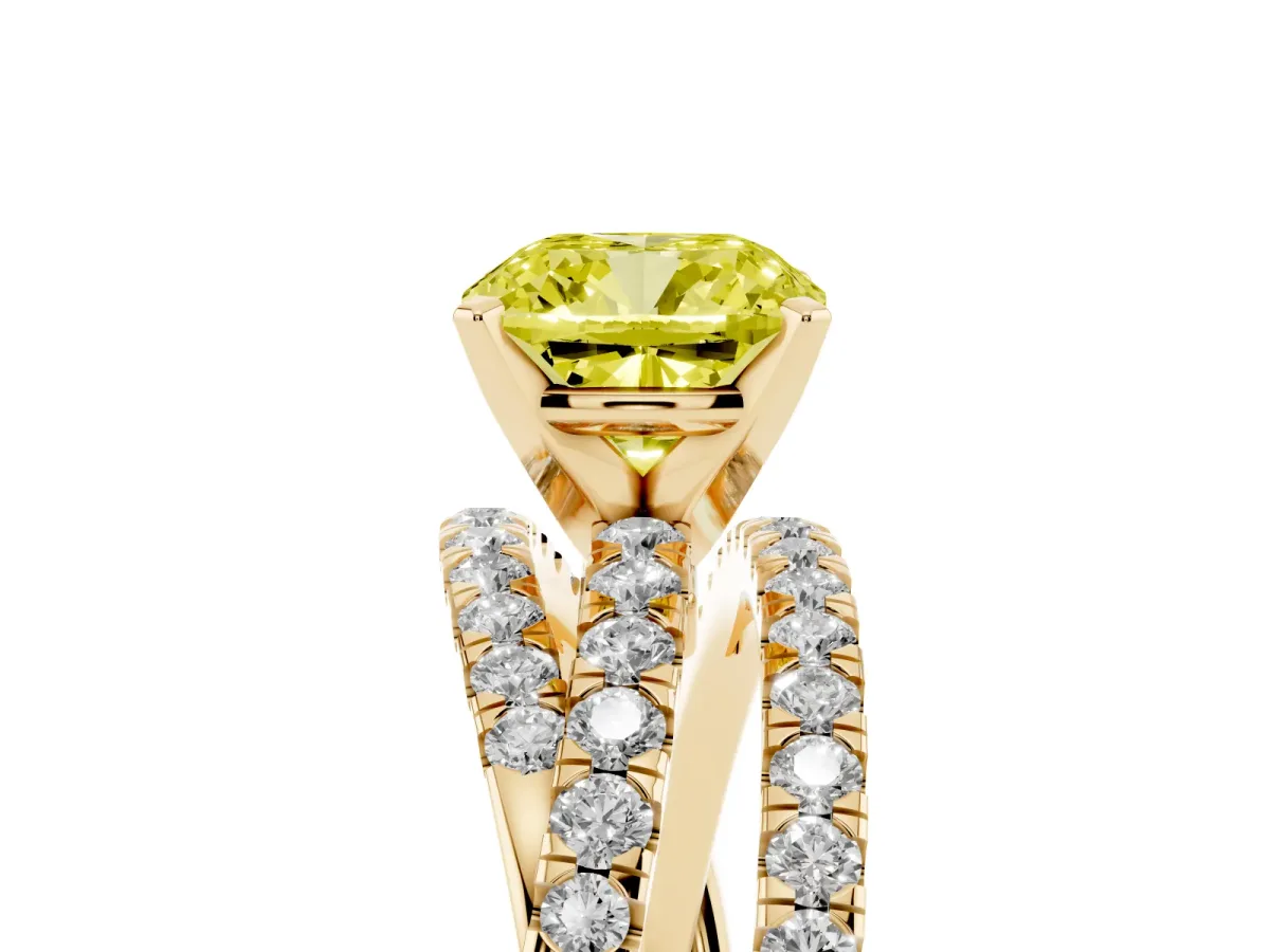 Fancy Yellow Cushion Cut Solitaire Twist Band with Pavé Setting and Four-Prong Setting Yellow gold