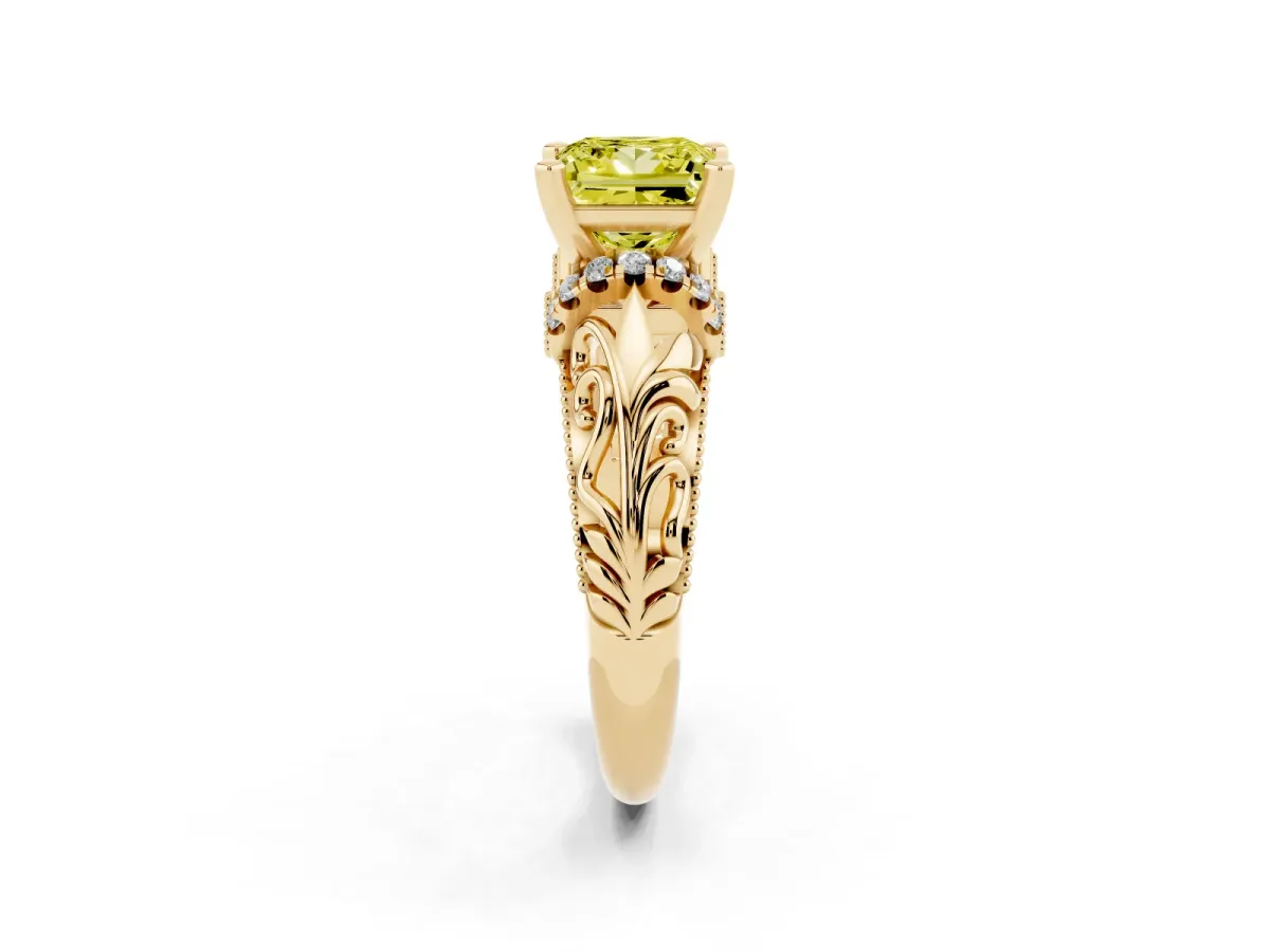 Fancy Yellow Princess Cut Solitaire Filigree Engagement Ring with Halo and Prong Setting Yellow gold