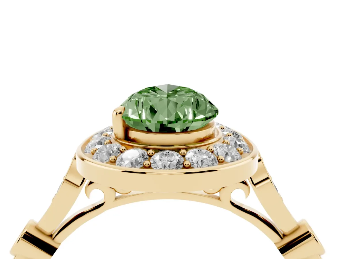 Fancy Green Pear Cut Halo Diamond Engagement Ring with Twisted Band and Four-Prong Setting Yellow gold