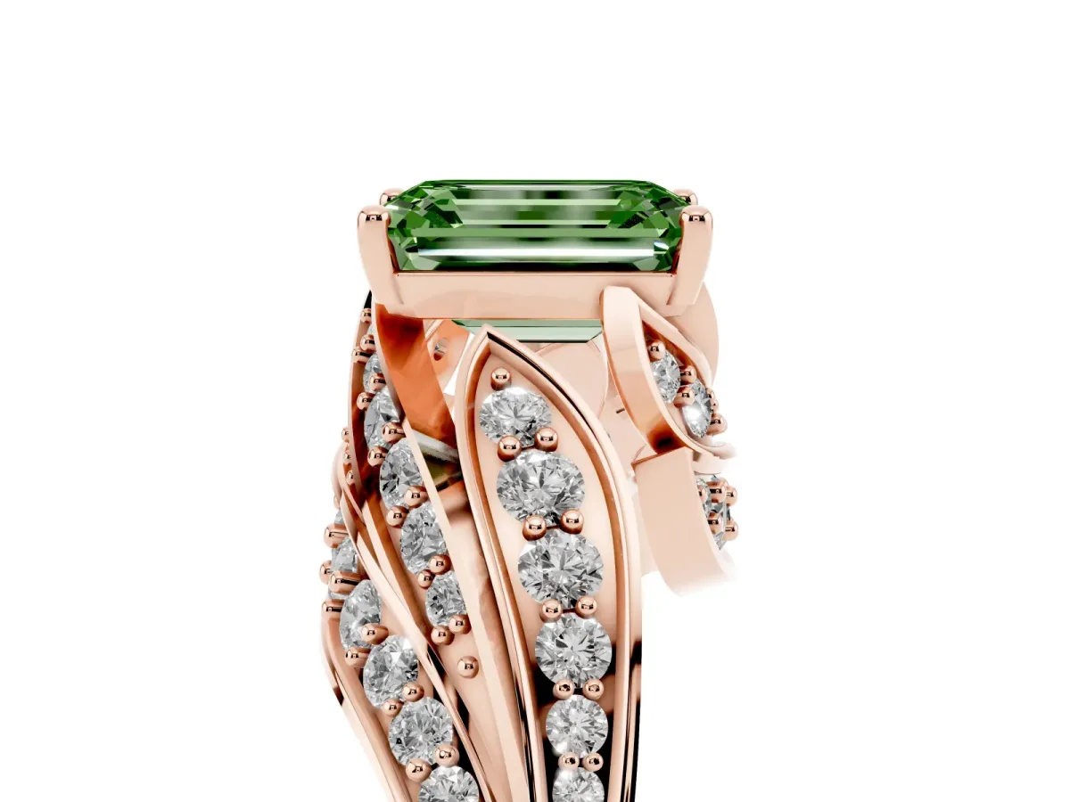 Fancy Green Emerald Cut Diamond Solitaire Ring with Prong Setting and Twisted Pavé Band Rose gold