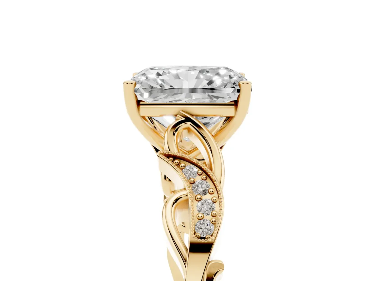 Radiant Cut Solitaire Vine Band with Milgrain Prong Setting Yellow gold