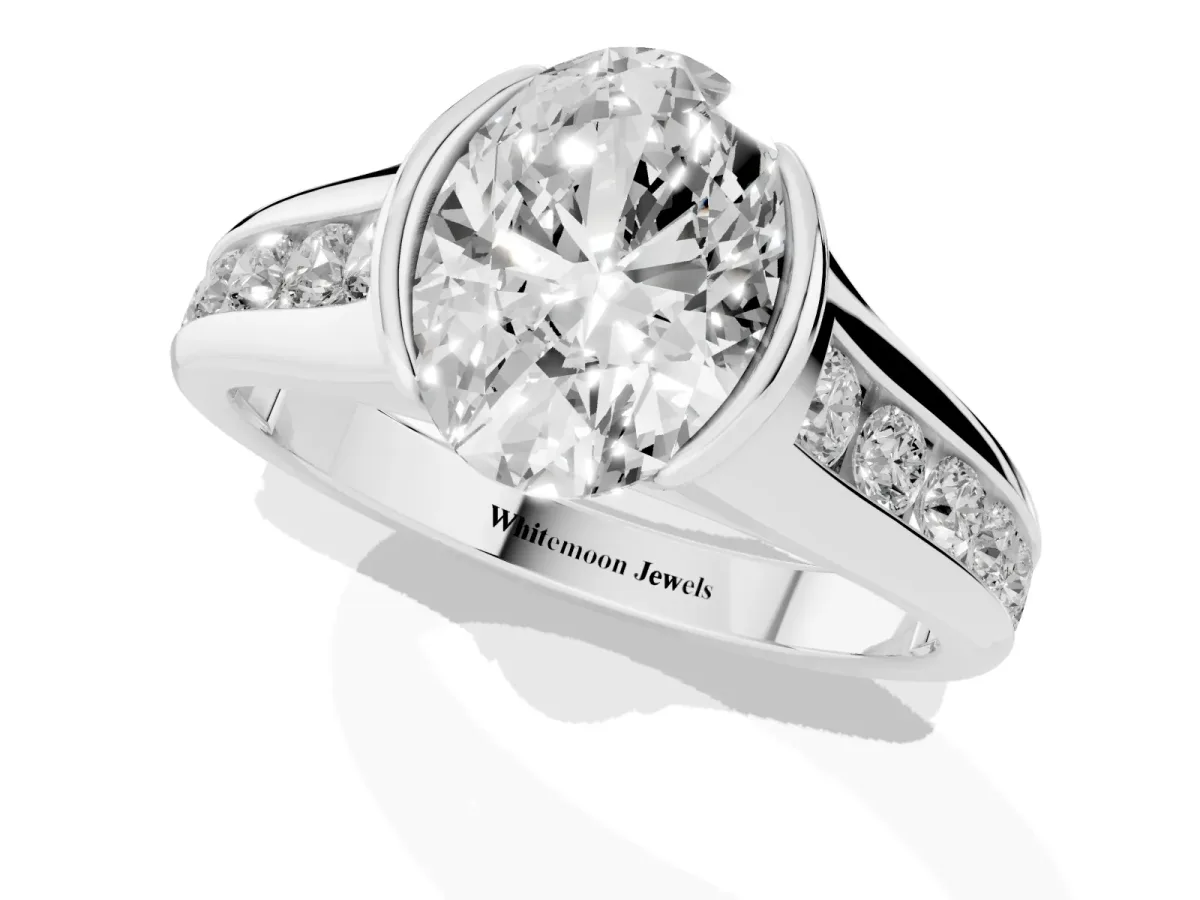 Oval Cut Solitaire Bezel-Set Diamond Ring with Channel-Set Band Silver