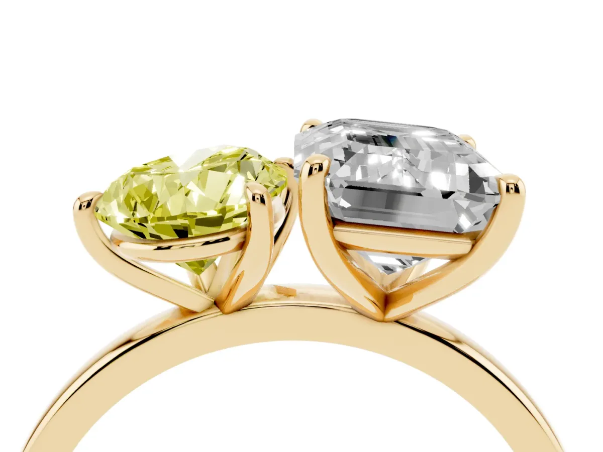 Fancy Yellow Pear Cut and Emerald Cut Toi Moi Ring with Prong Setting Yellow gold