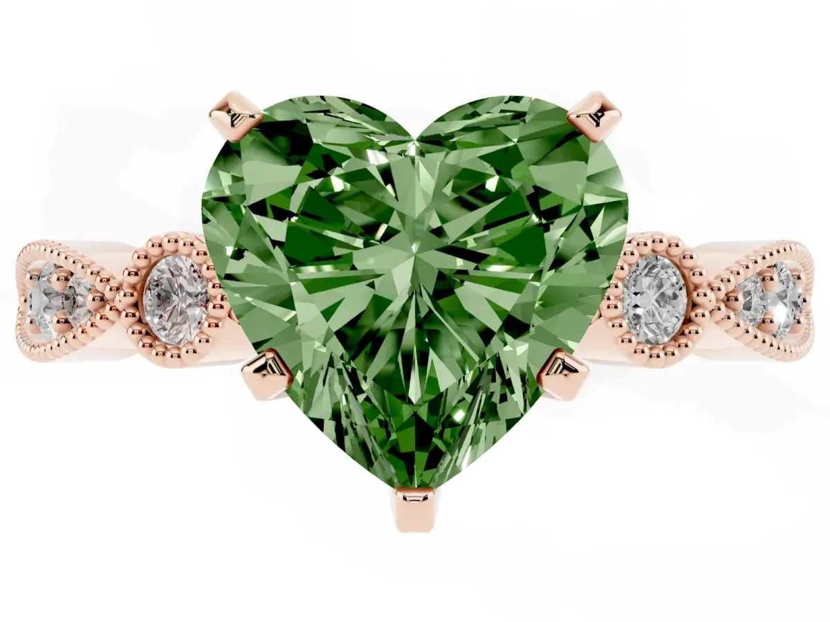 Fancy Green Heart Cut Milgrain Bezel Diamond Engagement Ring with Solitaire Prong Setting Rose gold